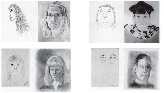 Рис. 1. Автопортреты участников тренинга по рисованию, слева в самом начале, справа – 5 дней спустя
